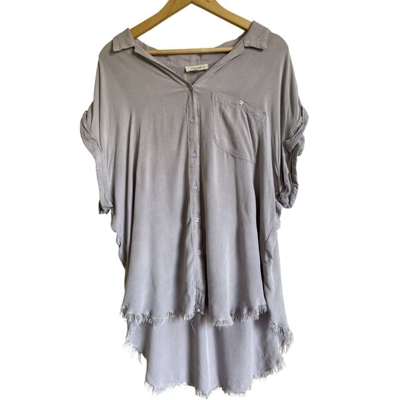 Umgee Size XL Lavender Purple Raw Hem XL Button Up Short Sleeve Shirt Collared 1 - Picture 2 of 11